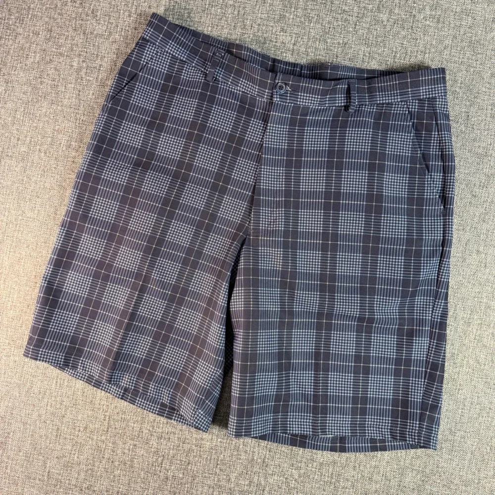Mens Pebble‎ Beach Performance Golf Shorts 36 Blue Plaid Stretch Flat Front
